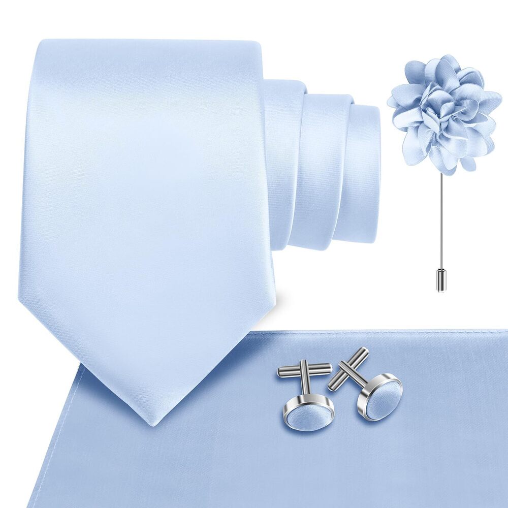 7630 Light Blue Tie Wedding Solid Satin Silk Baby blue Necktie Pocket